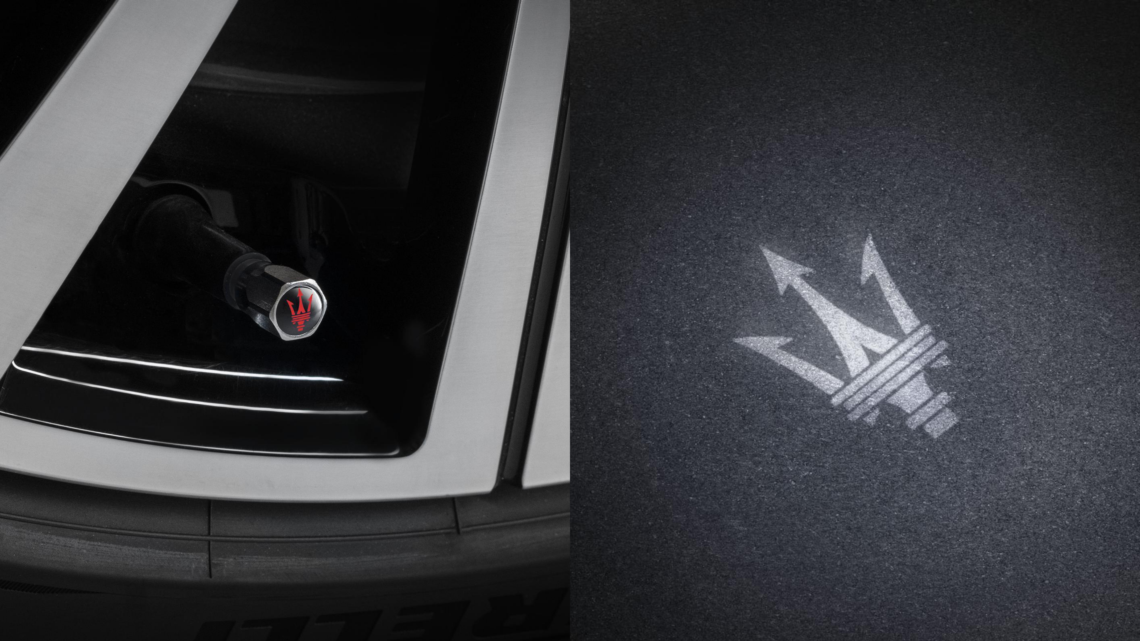 【新聞圖片 6 】黑或紅色 Maserati Logo 輪胎氣嘴蓋與三叉戟迎賓燈
